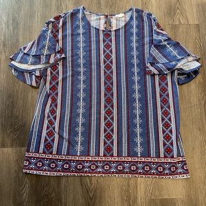 Jersey knit patterned blouse with ruffle sleeves